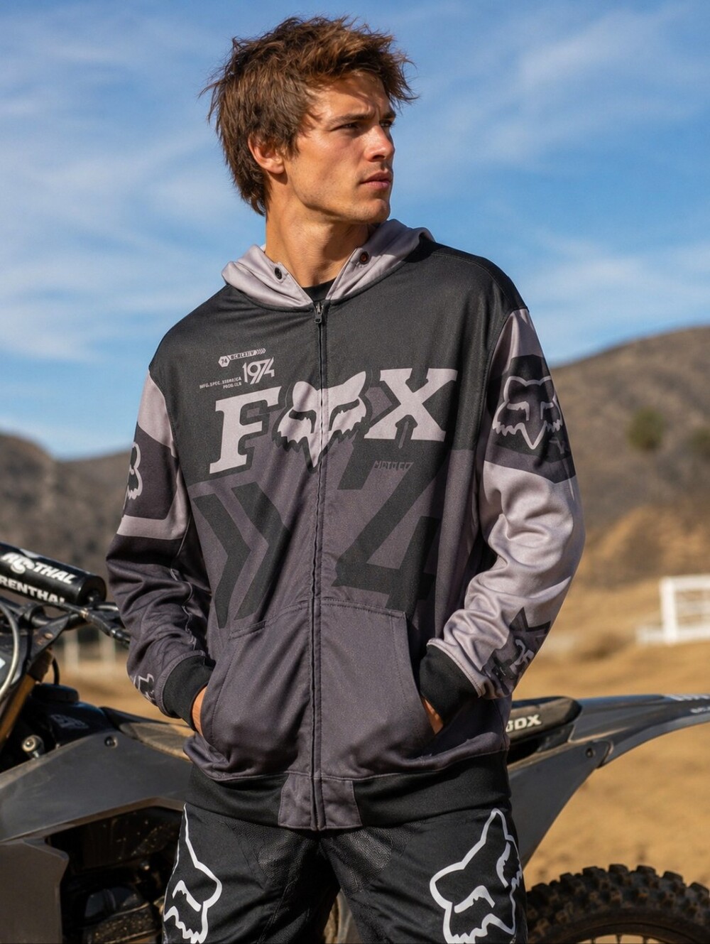 FOX Racing Zip Hoodie Mens Large Gray Black Motocross Y2K
